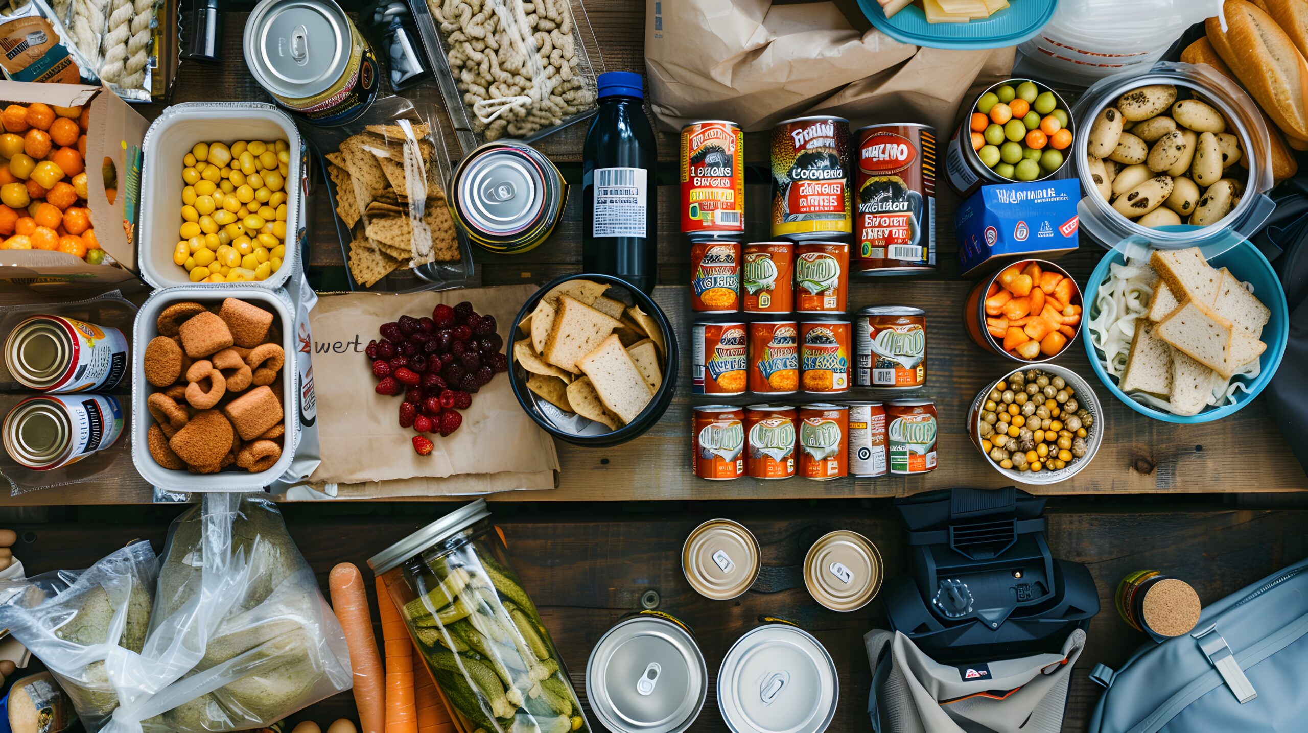 A variety of camping food supplies such as canned goods, snacks, and a portable stove laid out on a picnic table
